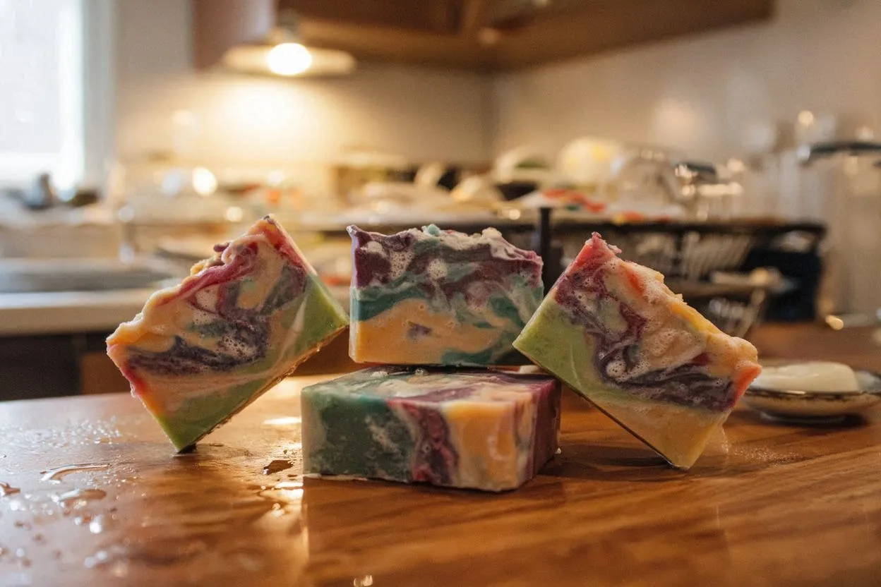 Handmade soap on messy kitchen counter