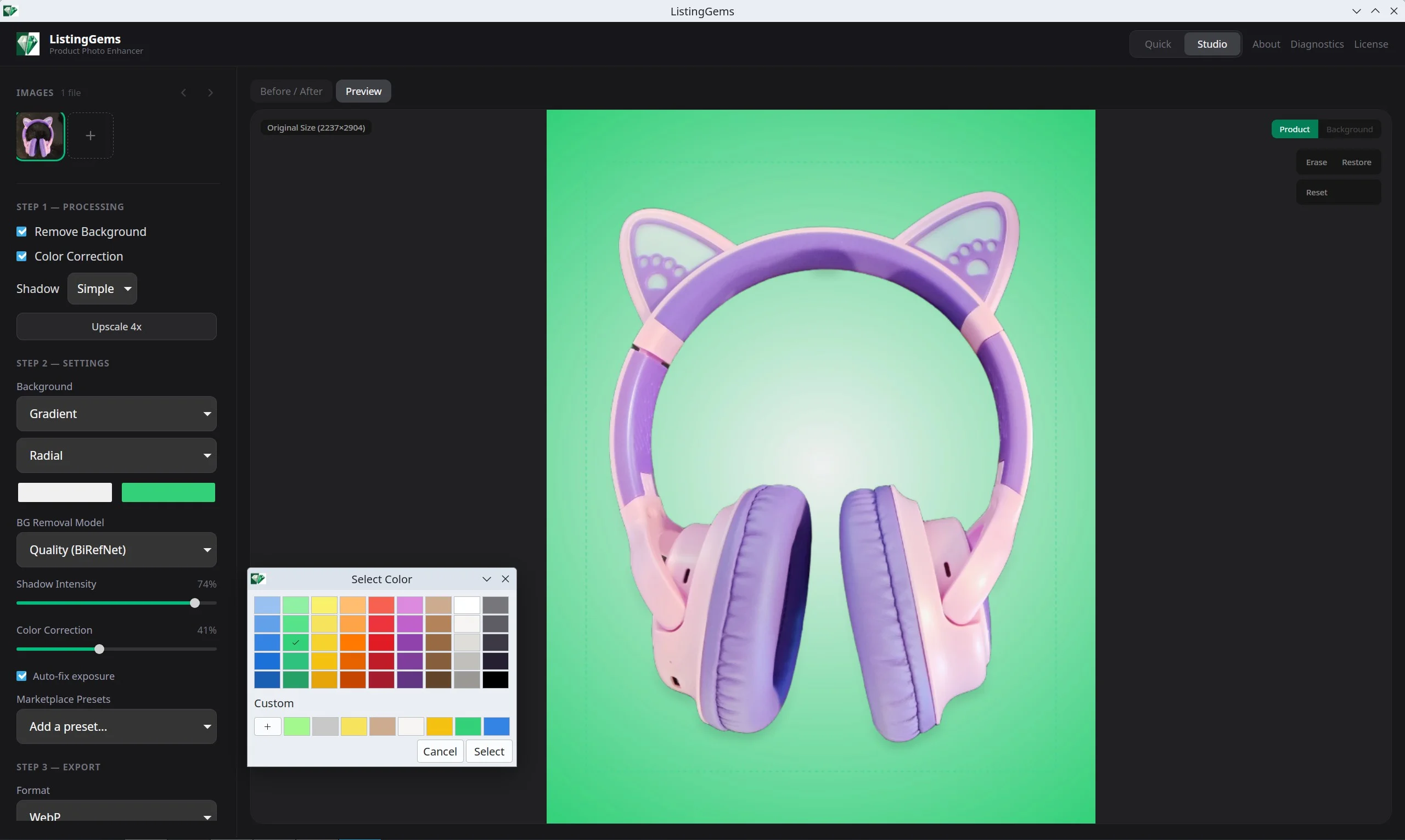 Same product shown on white, gradient, custom color, and image backgrounds