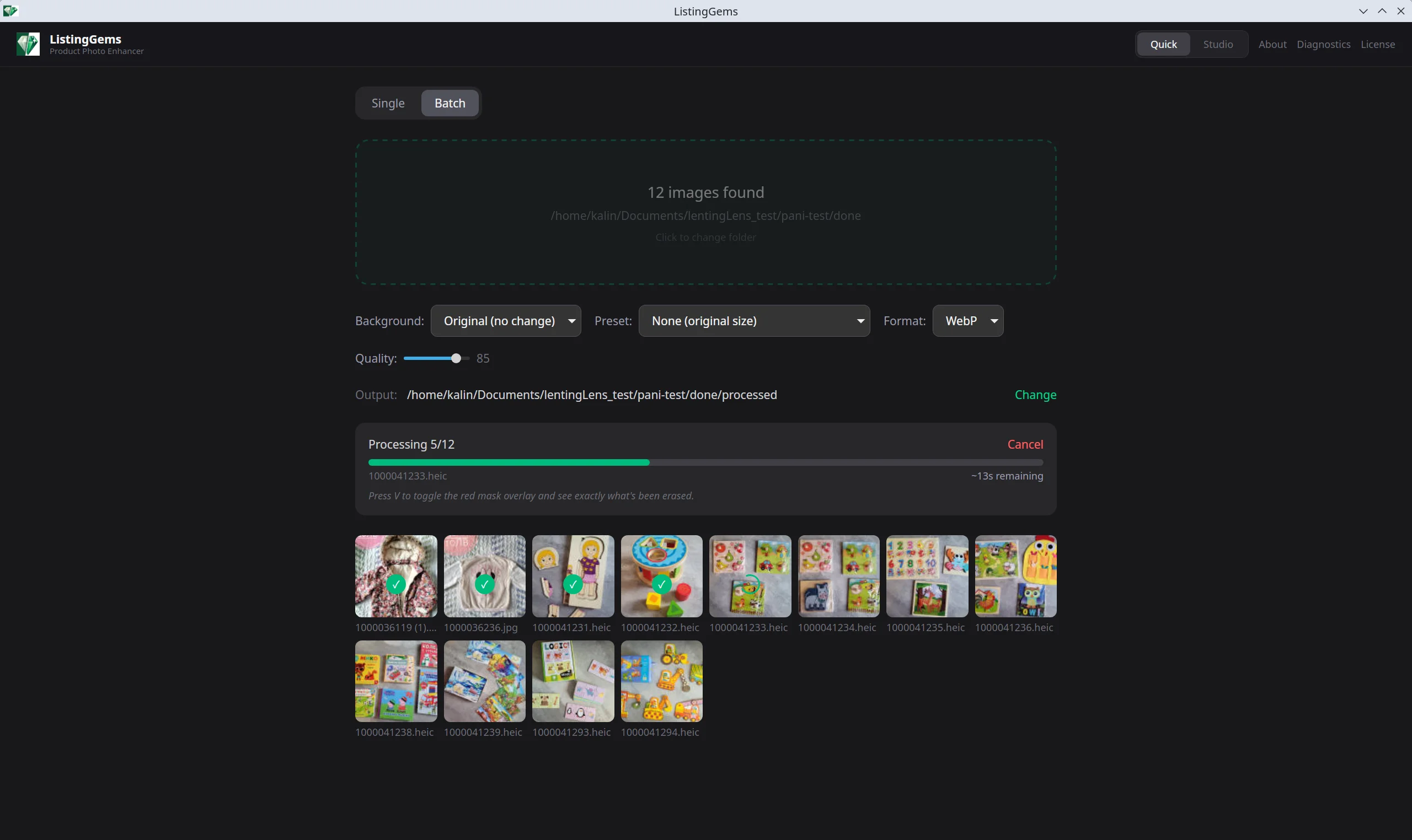 Quick Mode processing a batch of images with progress bar and ETA