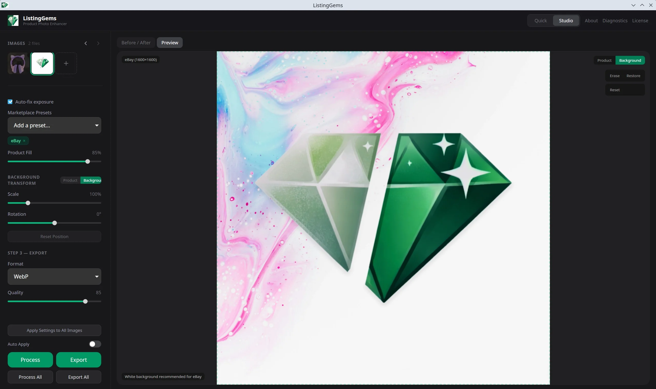 Product repositioned on canvas with layer controls visible in sidebar