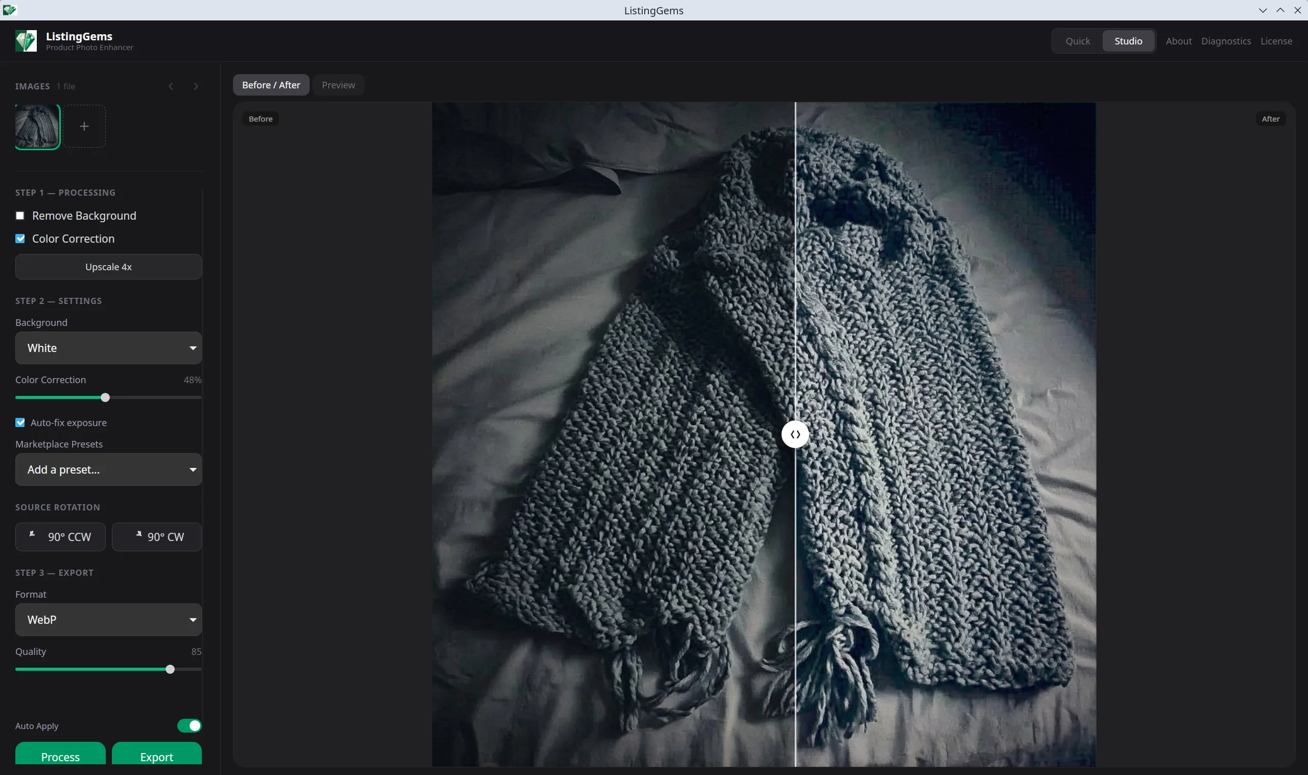 Before and after showing a product with corrected lighting and white balance