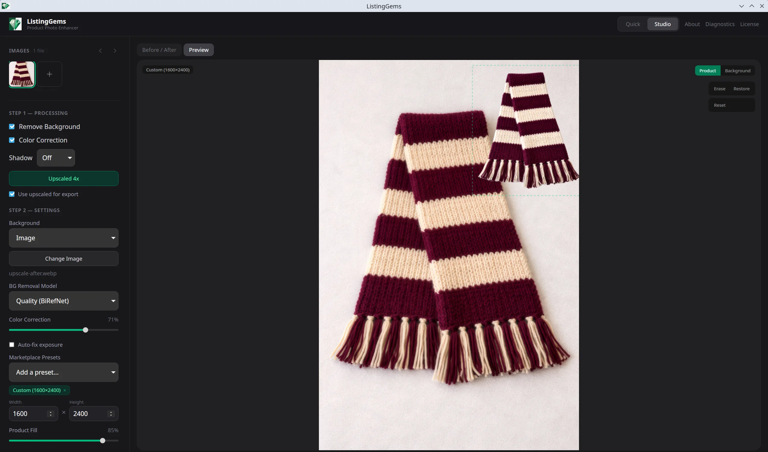 Close-up comparison showing original resolution vs 4x upscaled detail