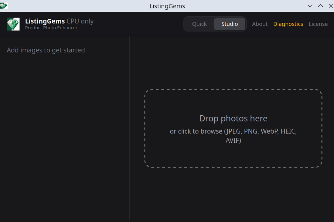 ListingGems drop zone: &lsquo;Drop photos here, or click to browse (JPEG, PNG, WebP, HEIC, AVIF)&rsquo;.