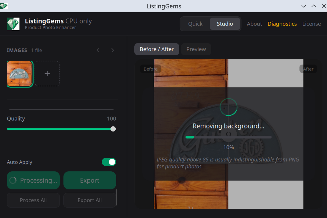 ListingGems processing a photo: a before/after view with a &lsquo;Removing background&hellip; 10%&rsquo; progress ring.