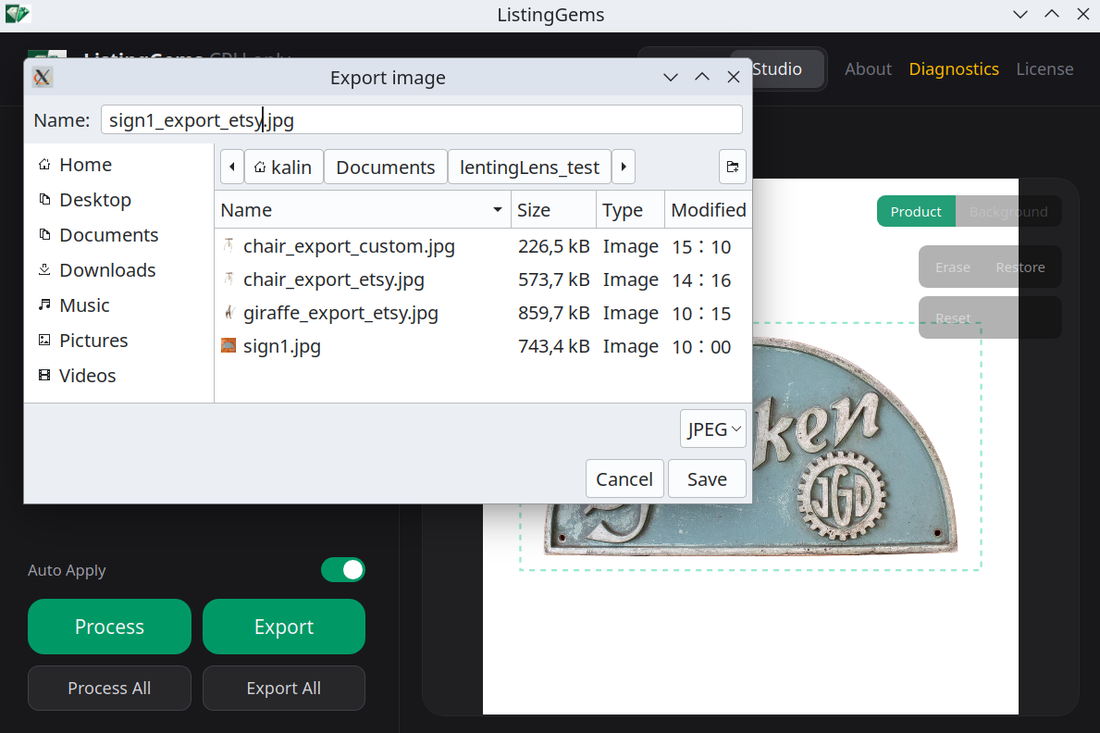ListingGems export dialog: choosing a format and saving a marketplace-ready file.
